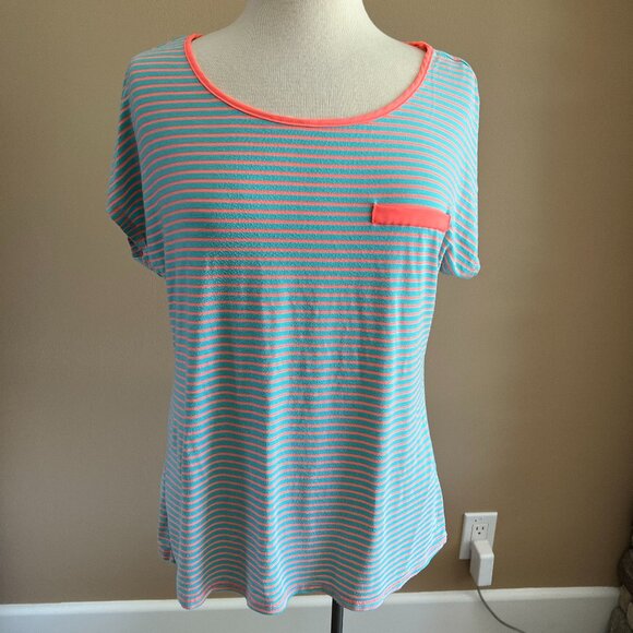 Robin-K teal blue/bright peach striped scoop neck short sleeve t-shirt - Picture 1 of 6